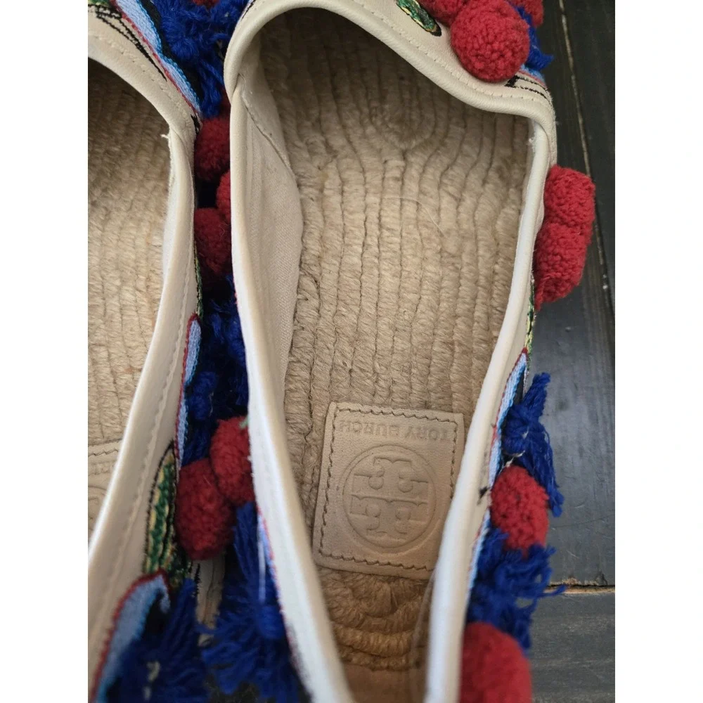 TORY BURCH Ellis‎ Pom-pom Embroidered Leather Textile Espadrille Flats 7.5 Shoes